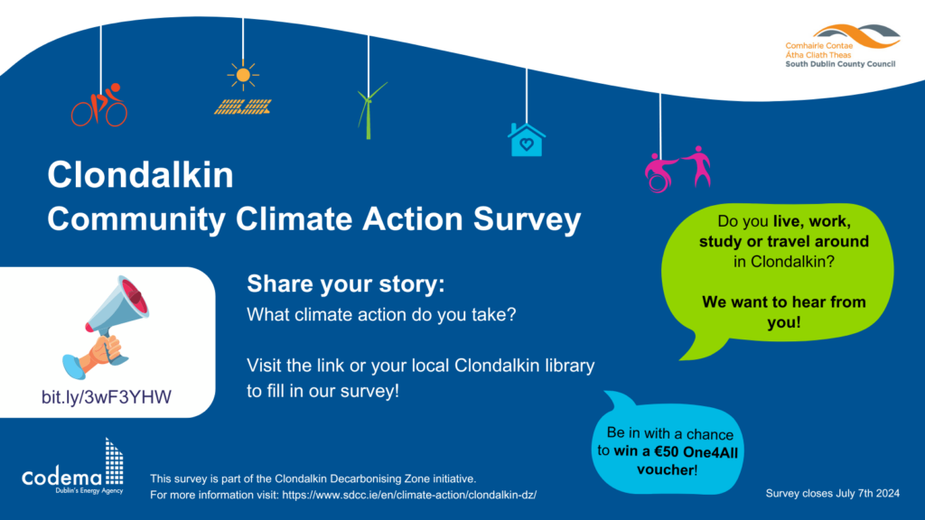 Promotional poster for the Clondalkin Community Climate Action Survey with an invitation to take part