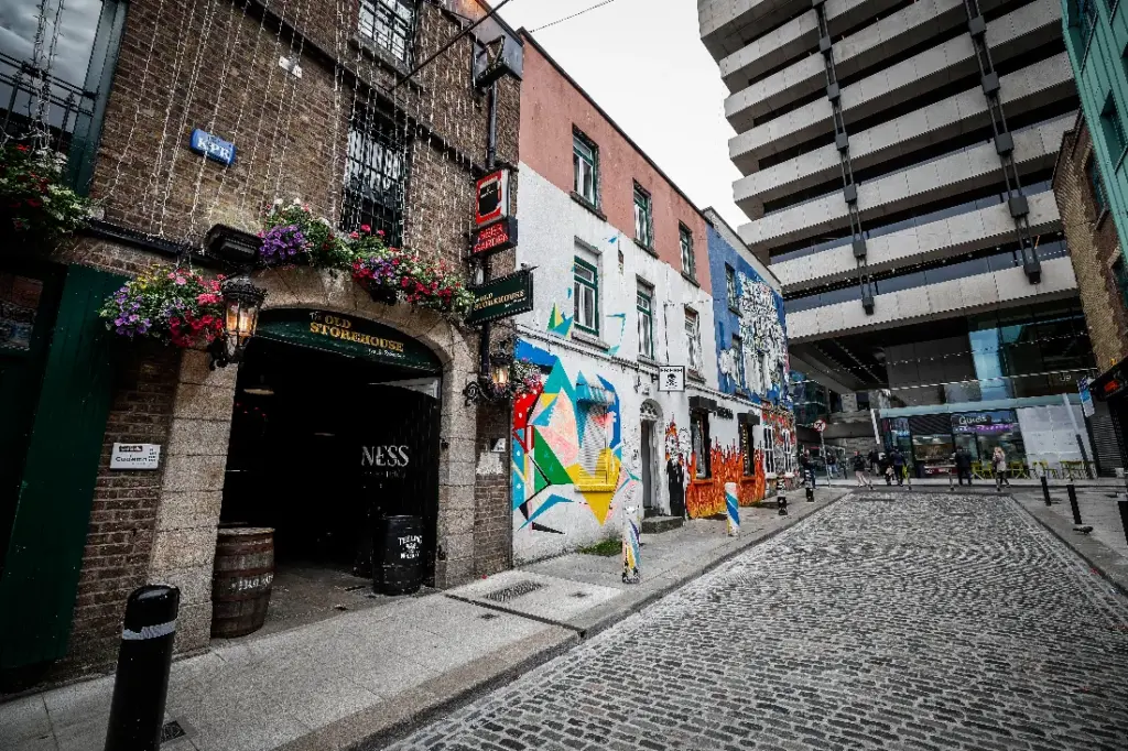 Imaeg of the Codema office in Temple bar showing the Old Storehouse pub, Fresh clothing store and the old Central Bank