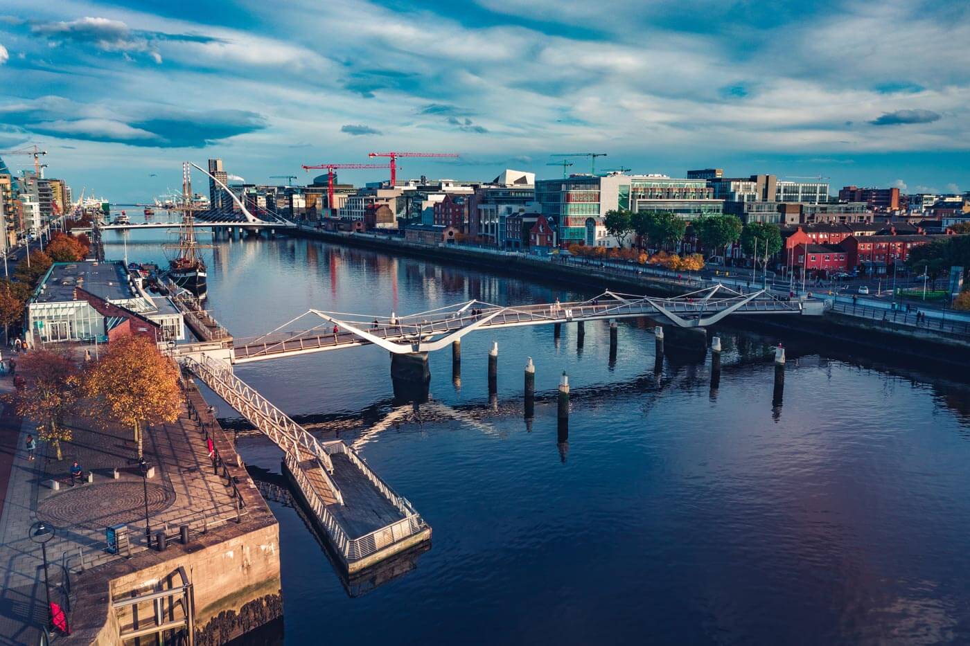 Aerial photograph of the Docklands area of Dublin City, showing two bridges across the River Liffey