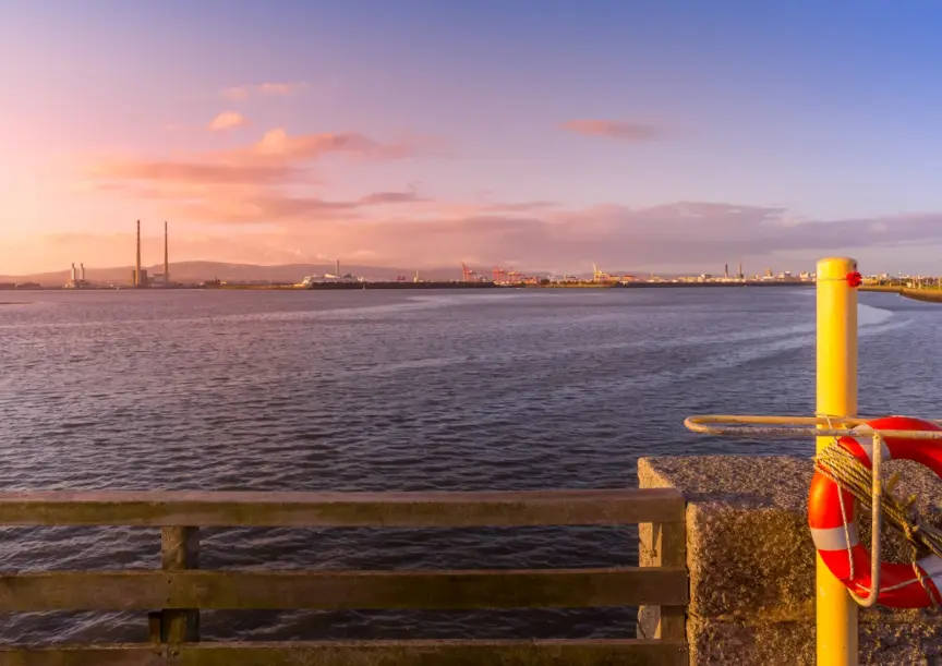 Image of the Dublin Coast at the docklands with the poolbeg towers in the distance