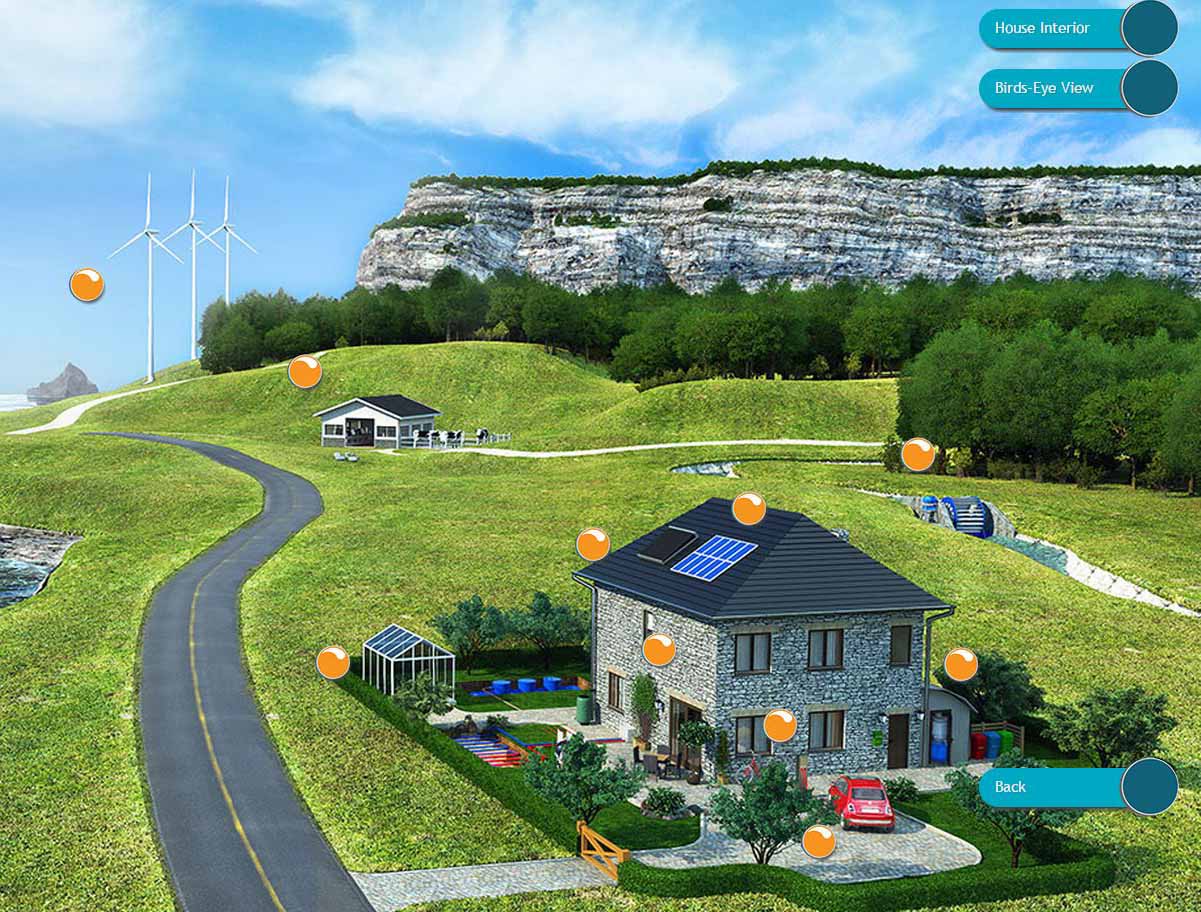 Illustrative image of the 3D sustainable house with grass and cliffs in the background and a road in front