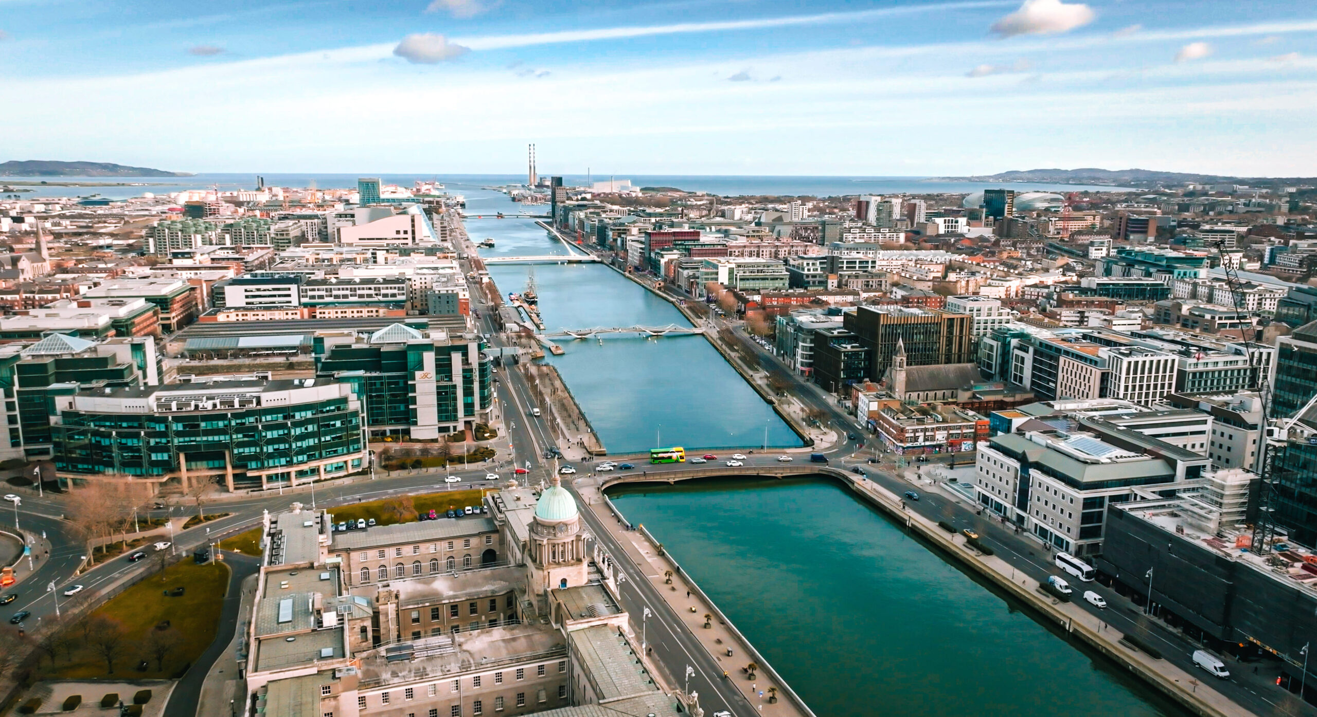 Aerial shot of Dublin with the River Liffey in the centre and buildings either side