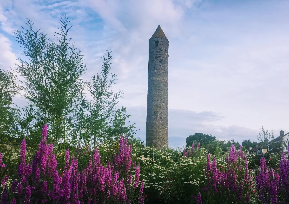 Image of the round tower in Clondalkin with green and pink plants in the foreground.