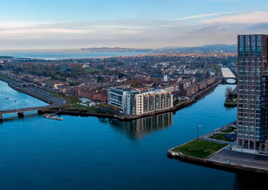 Aerial image od the River Liffey with buildings either side