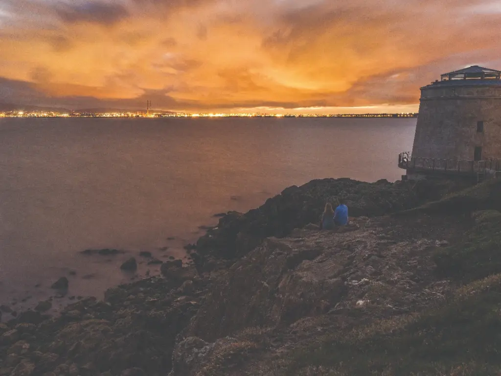 Two people sit on a cliff overlooking the water at sunset