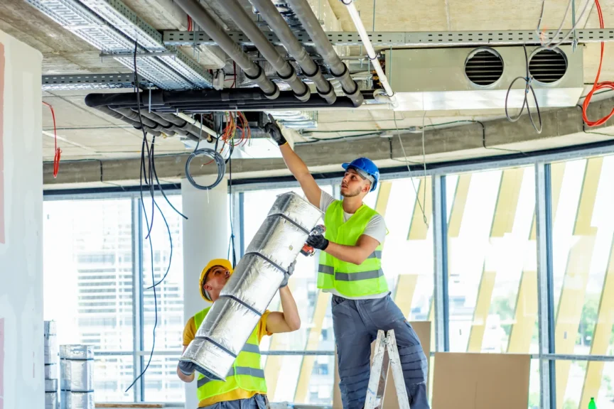 Image of two workers installing insulated pipes in a building