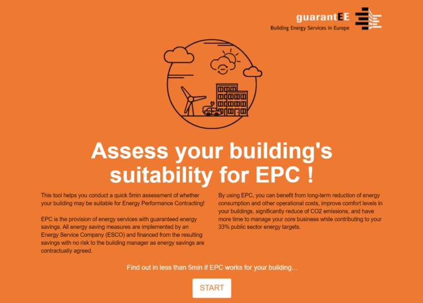 Image of the first page on the EPC pre-assessemnt tool, the background is orange and the white text reads 'Assess your building's suitability for EPC!'