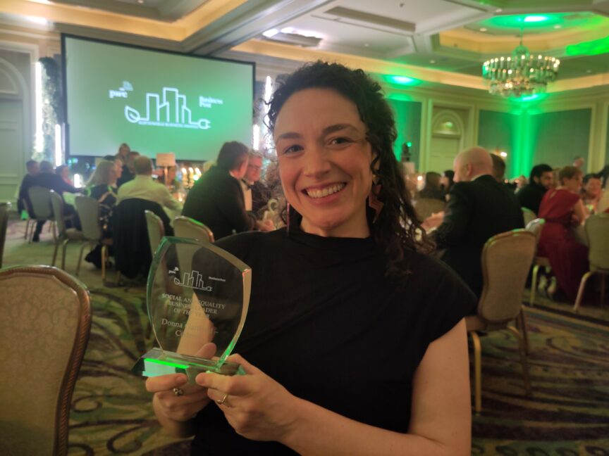 Picture of Donna Gartland with her award at the PwC Business Post Sustainable Business Awards ceremony.